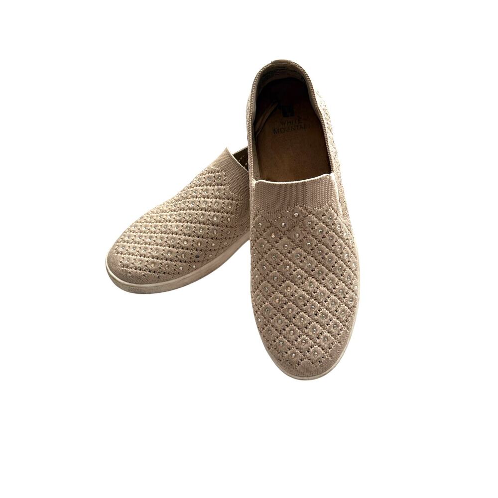 White Mountain Knit Bling Pull On Sneakers Rhinestones Tan Size 8 Casual Glam